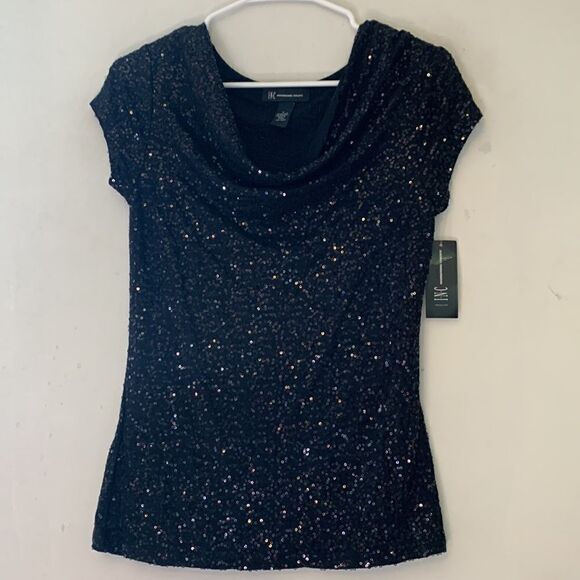 International Concepts black sequined cap sleeve blouse Size S NWT - Picture 2 of 8